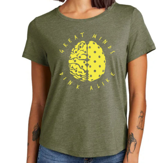 Women's Pickleball Shirt olive green with Yellow Great Minds Dink Alike and brain image with pickleball holes in it