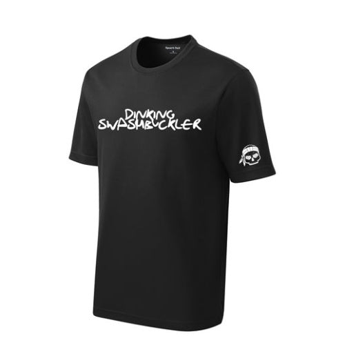 Dinking Swashbuckler Performance Moisture Wicking Shirt Black with Skull logo on sleeve by Soul Bandit Pickleball