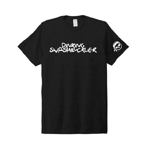 Mens Pickleball Sustainable Black Tshirt with Dinking Swashbuckler on front and skull logo on sleeve by Soul Bandit Pickleball