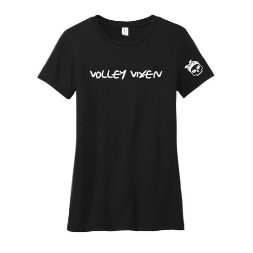 Women's Black Pickleball T-shirt made with soft sustainable fabric with Volley Vixen on front and girl skull logo on sleeve by Soul Bandit Pickleball.