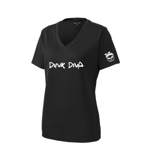 Women's Black V-neck Pickleball Performance Shirt that is moisture wicking with Dink Diva on front and girl skull logo on sleeve