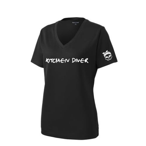 Women's Black Vneck Pickleball Shirt made for performance with mositure wicking fabric with Kitchen Diver on front and girl skull logo on sleeve