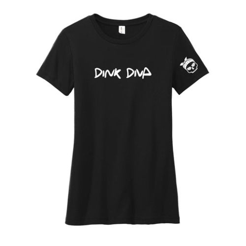 Womens Pickleball Soft Sustainable Tshirt Black with Dink Diva on front and girl skull logo on sleeve by Soul Bandit Pickleball